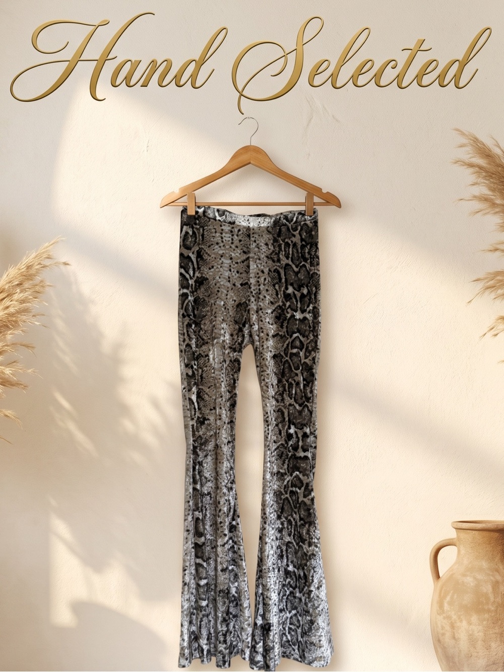 Bear Dance Crushed Velvet Snakeskin Bell Bottom Flare Pants Mob Wife Boho S/M
